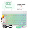 Combinación de teclado y ratón Bluetooth multicolor verde con accesorios incluidos.