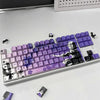 A mechanical keyboard featuring purple and black anime themed PBT keycaps, including character designs.