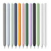 A row of silicone protective cases for pencils in various colors including gray, light blue, dark blue, orange, pink, green, 