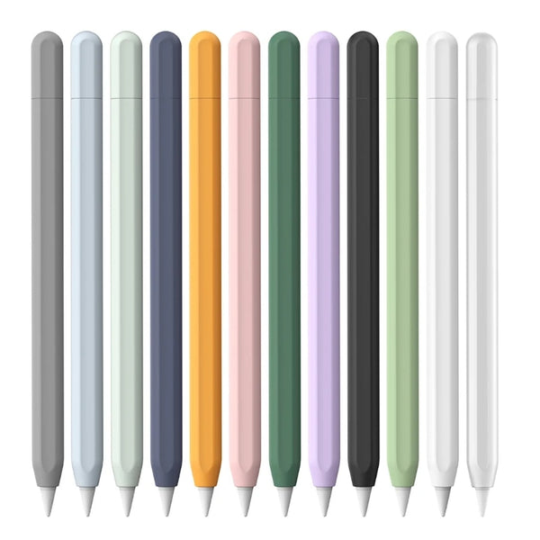 A row of silicone protective cases for pencils in various colors including gray, light blue, dark blue, orange, pink, green, 