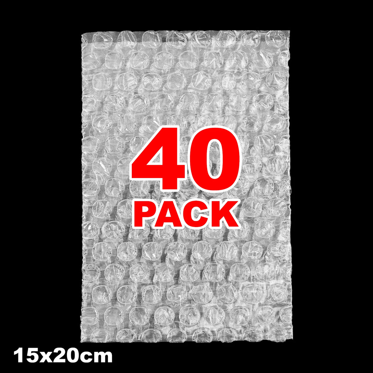 A sheet of clear bubble wrap packaging with the text 40 PACK and dimensions 15x20 cm.