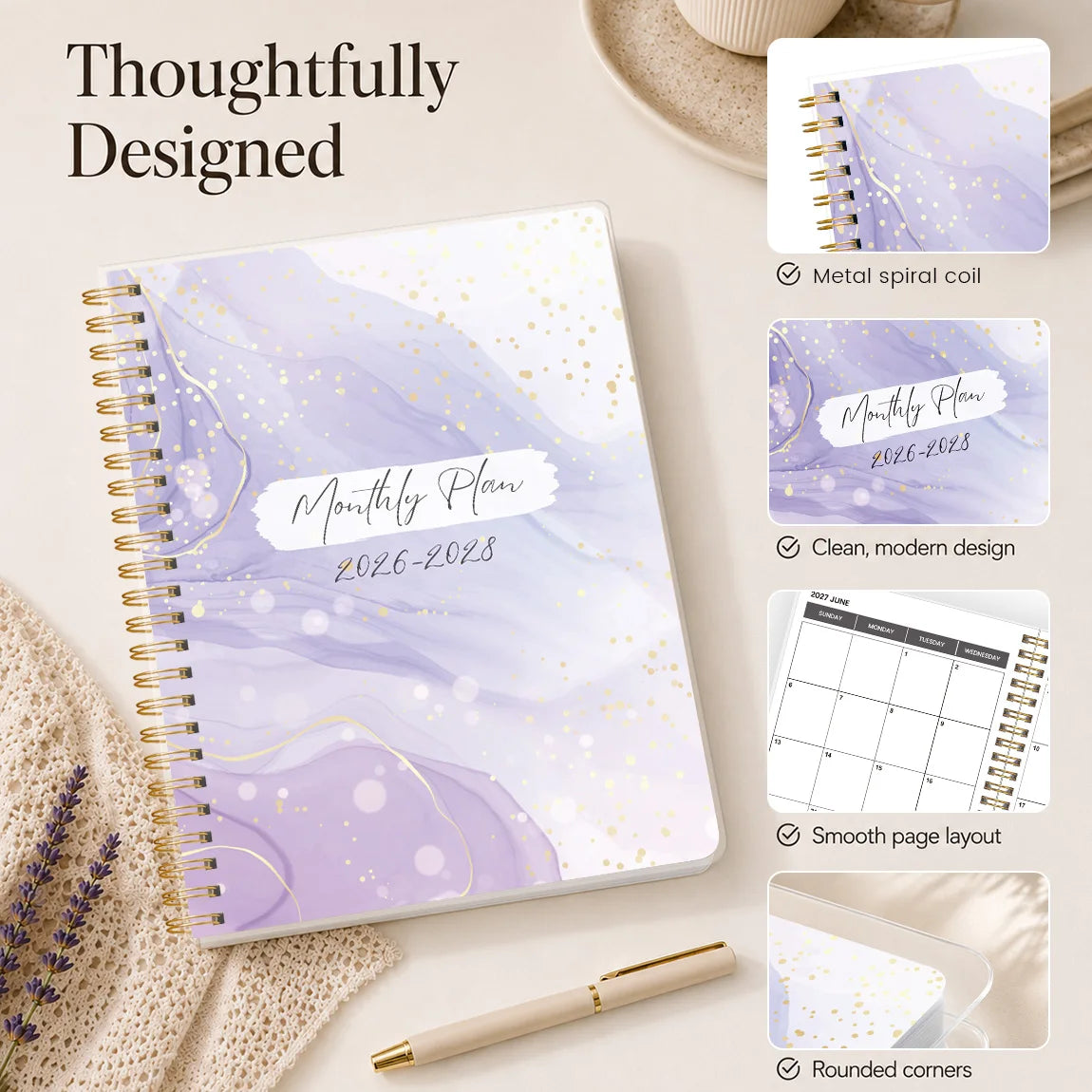 A5 monthly planner with purple marble design and gold spiral binding shown next to a pen.