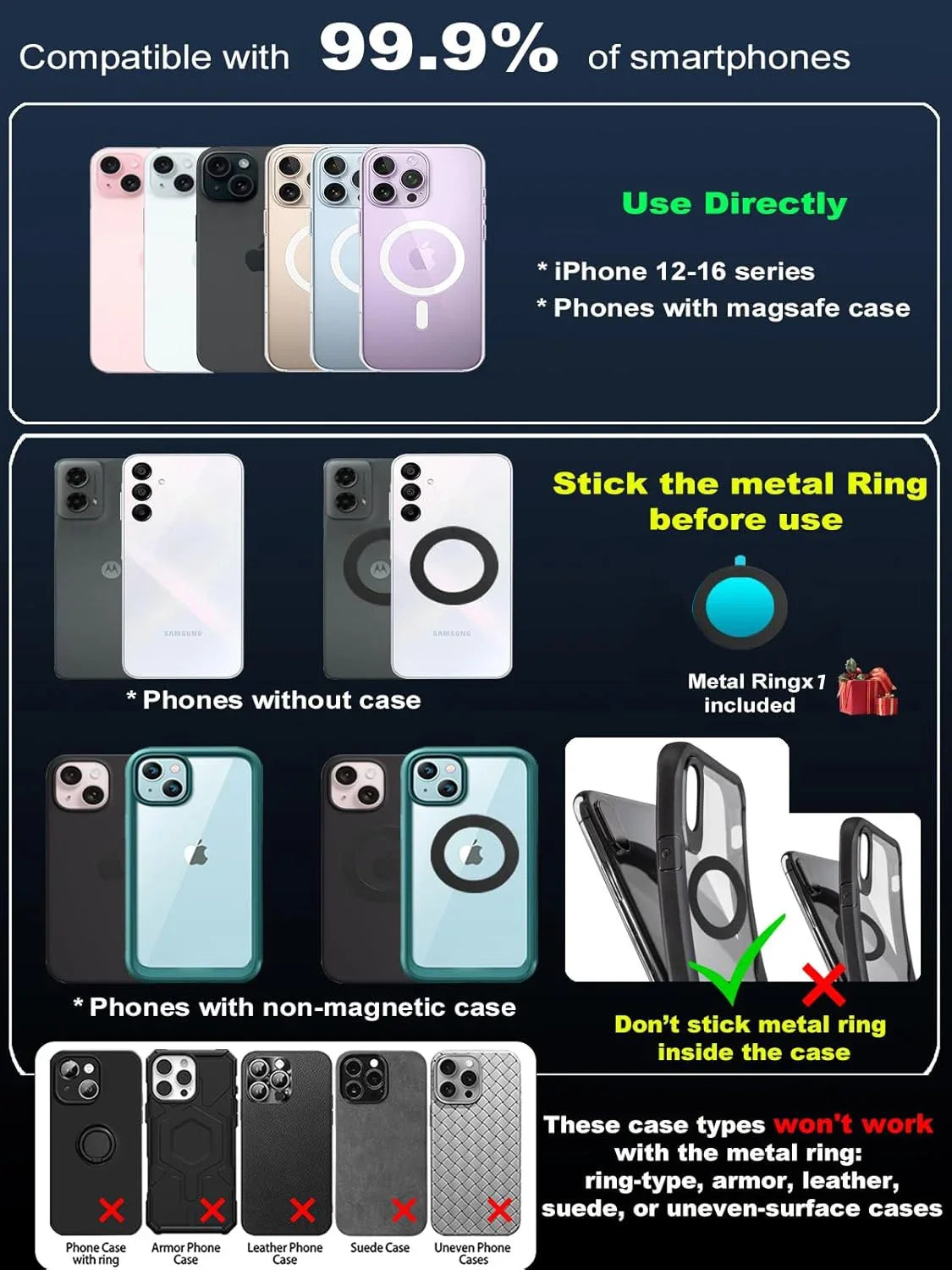 Set an Handyhüllen und ein Metallring-Accessoire zum Befestigen von Telefonen.