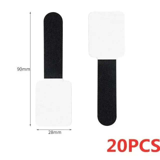 A pair of black and white reusable adhesive cable ties for desk organization, shown with dimensions.