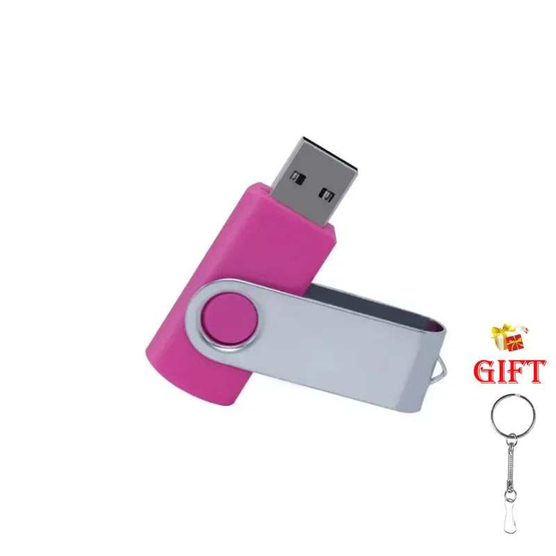 A pink metal USB 2.0 flash drive with a silver clip and keyring attached.