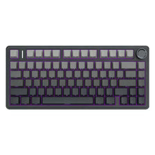 Gros plan d'un clavier mécanique Hall Effect gris foncé avec accents violets.