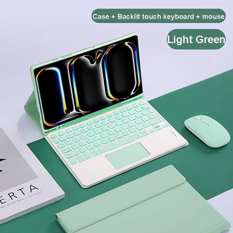 Light green magnetic keyboard case for an iPad Pro with a backlit touch keyboard and mouse.