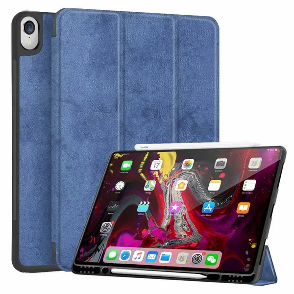 A purple retro marbling skin cover for an iPad Pro displayed next to its protective case.