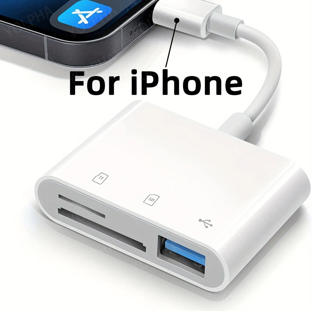 A white 4-in-1 Lightning card reader device shown next to an iPhone, with labels for TF and SD card slots.