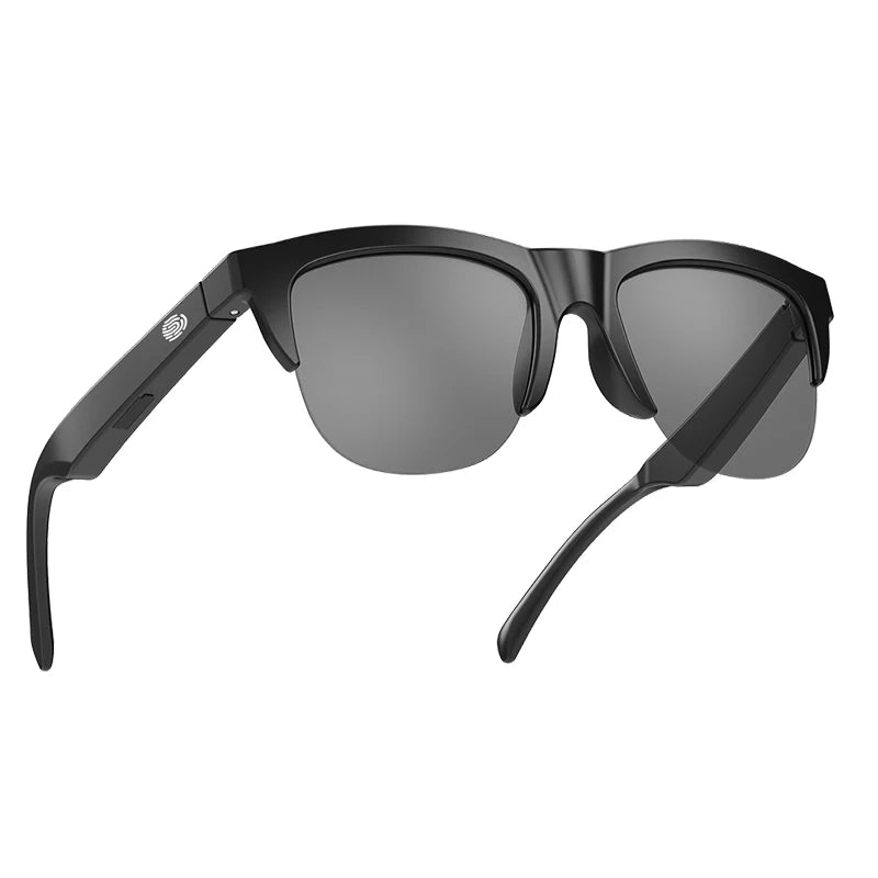 A pair of black Bluetooth sunglasses with dark lenses and a flexible arm.