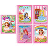 A set of five pages from a Magic Water Drawing and Coloring Notebook featuring cartoon princesses and magical scenes.