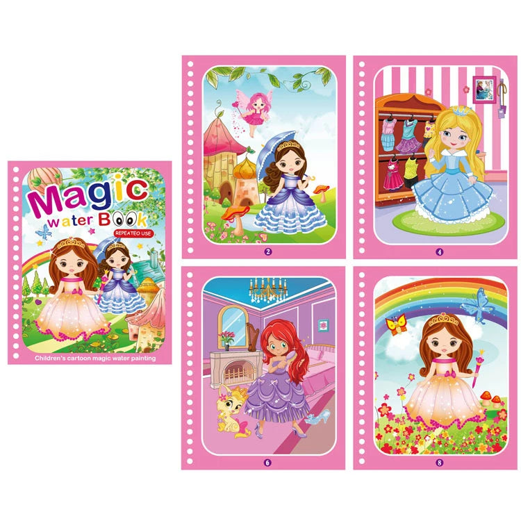A set of five pages from a Magic Water Drawing and Coloring Notebook featuring cartoon princesses and magical scenes.