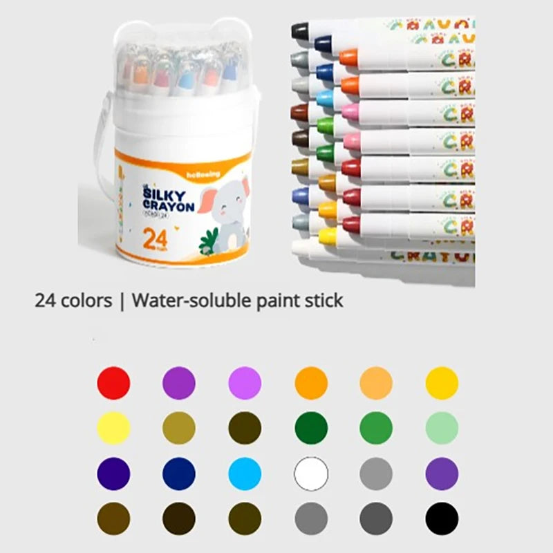 A set of 24 water-soluble paint sticks in various colors displayed in a white twist-up container.
