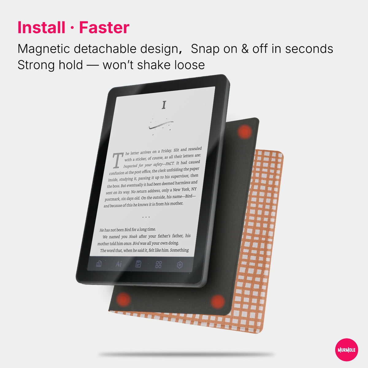 A magnetic detachable folio cover for an e-reader, showing the device and the protective case.