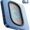 A light blue electronic device shaped like a curved oval, featuring a large screen and an inset image of a mouse.