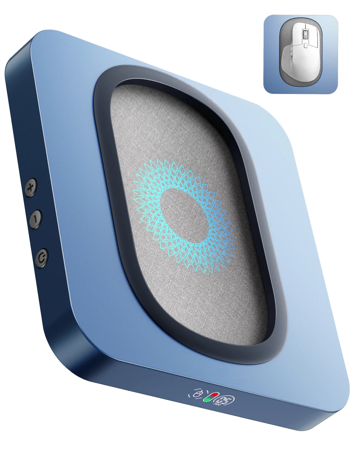 A light blue electronic device shaped like a curved oval, featuring a large screen and an inset image of a mouse.