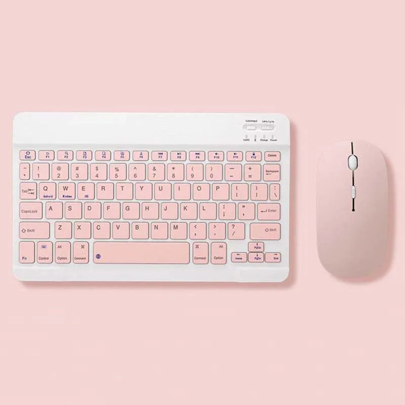 A white multi-device Bluetooth keyboard and mouse combo with a light pink background.