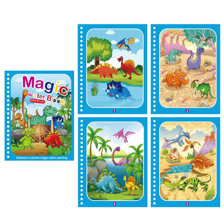 A set of six watercolor drawing pages featuring various colorful cartoon animals and nature scenes for children.
