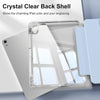 A crystal clear back shell protective case for an iPad showing the device color and engraving.