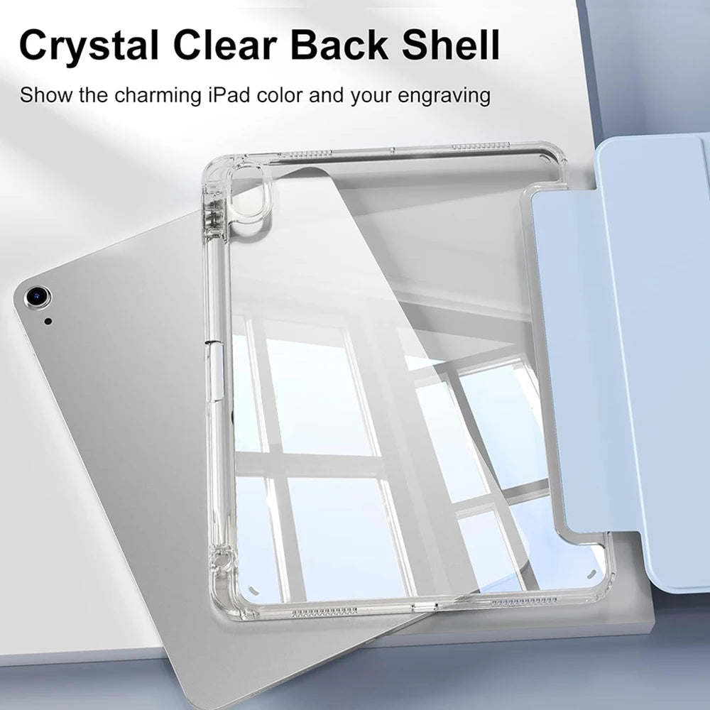 A crystal clear back shell protective case for an iPad showing the device color and engraving.