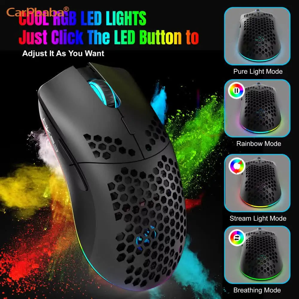 A black wireless gaming mouse with multiple colored LED lights displayed against a colorful, explosive background.
