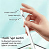 A hand is touching a white stylus pen, demonstrating the touch type switch and indicator light feature.
