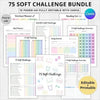 A bundle of 75 soft challenge planner pages for workout, meal, and daily journaling with Canva editable templates.