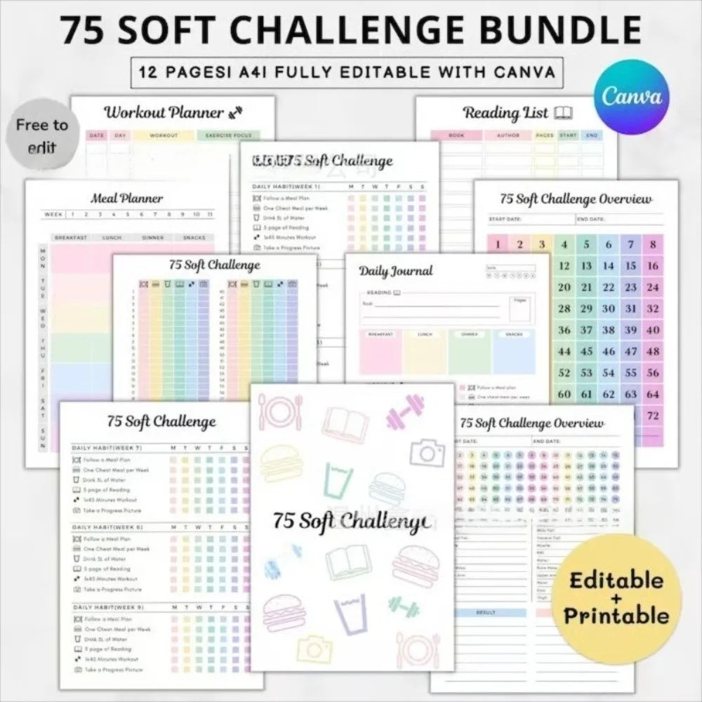 A bundle of 75 soft challenge planner pages for workout, meal, and daily journaling with Canva editable templates.