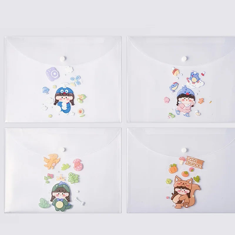 A set of four cute cartoon transparent document pouches for A4 papers featuring various animal characters