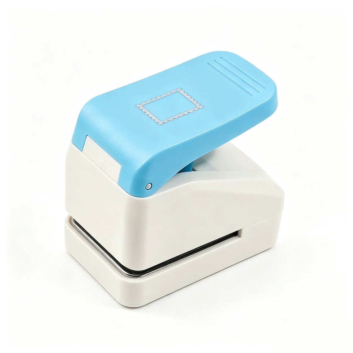 A light blue embossing punch machine with a white base and a square embossing plate.