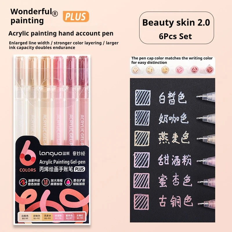 A set of six multi-color acrylic painting gel pens packaged in a box with instructions for layering and endurance.