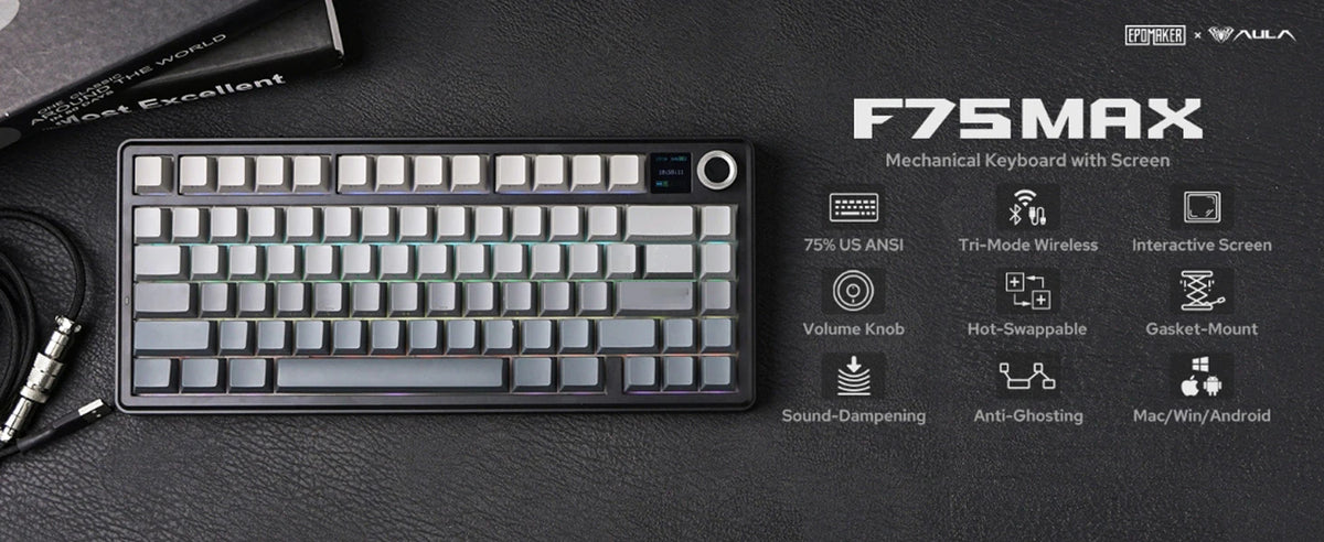 A close-up view of the F75MAX mechanical keyboard with a screen, showing its layout and features.