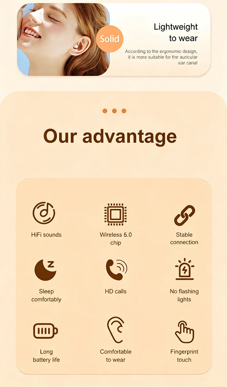 A product feature graphic showing details like solid design, wireless chip, stable connection, sleep comfort, HD calls, long 