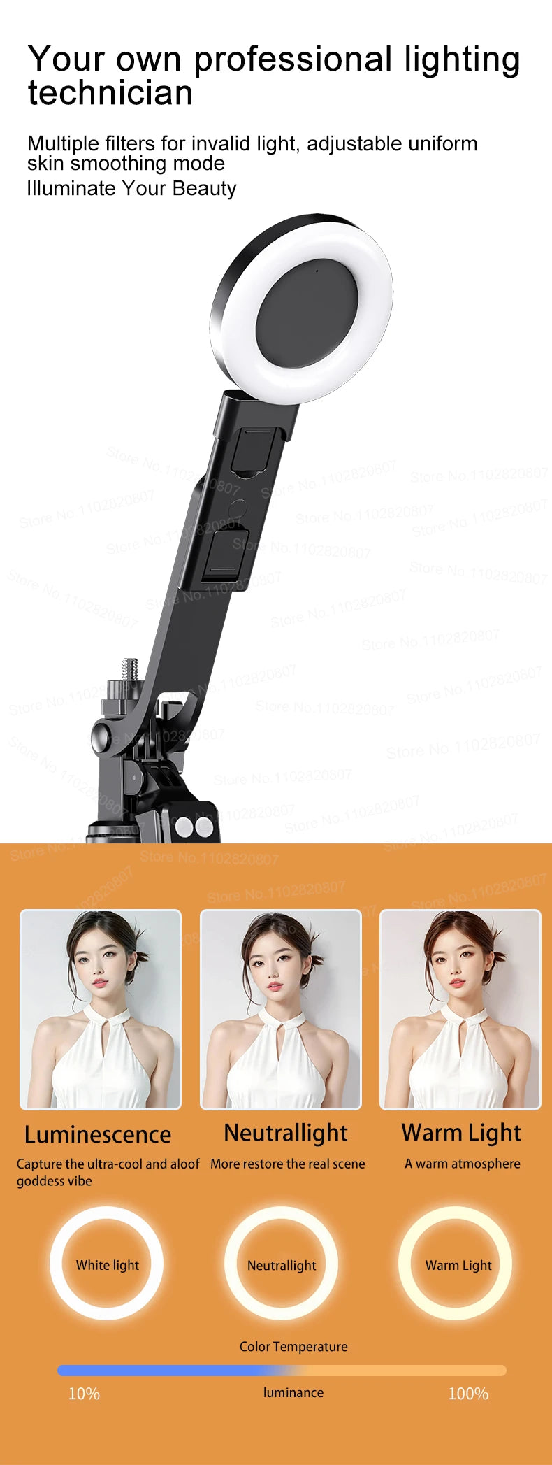 A portable Bluetooth selfie stick tripod with a fill light and remote control for professional lighting.