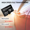 A black Cloudisk 128GB microSD card is shown in the context of high-speed file transferring inside a car.