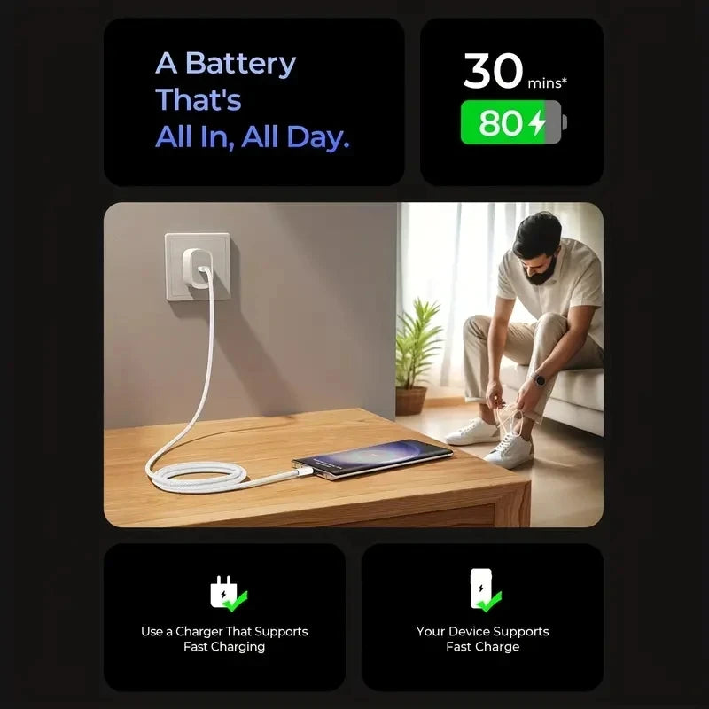 A white USB-C cable is shown next to a smartphone, illustrating fast charging capabilities.
