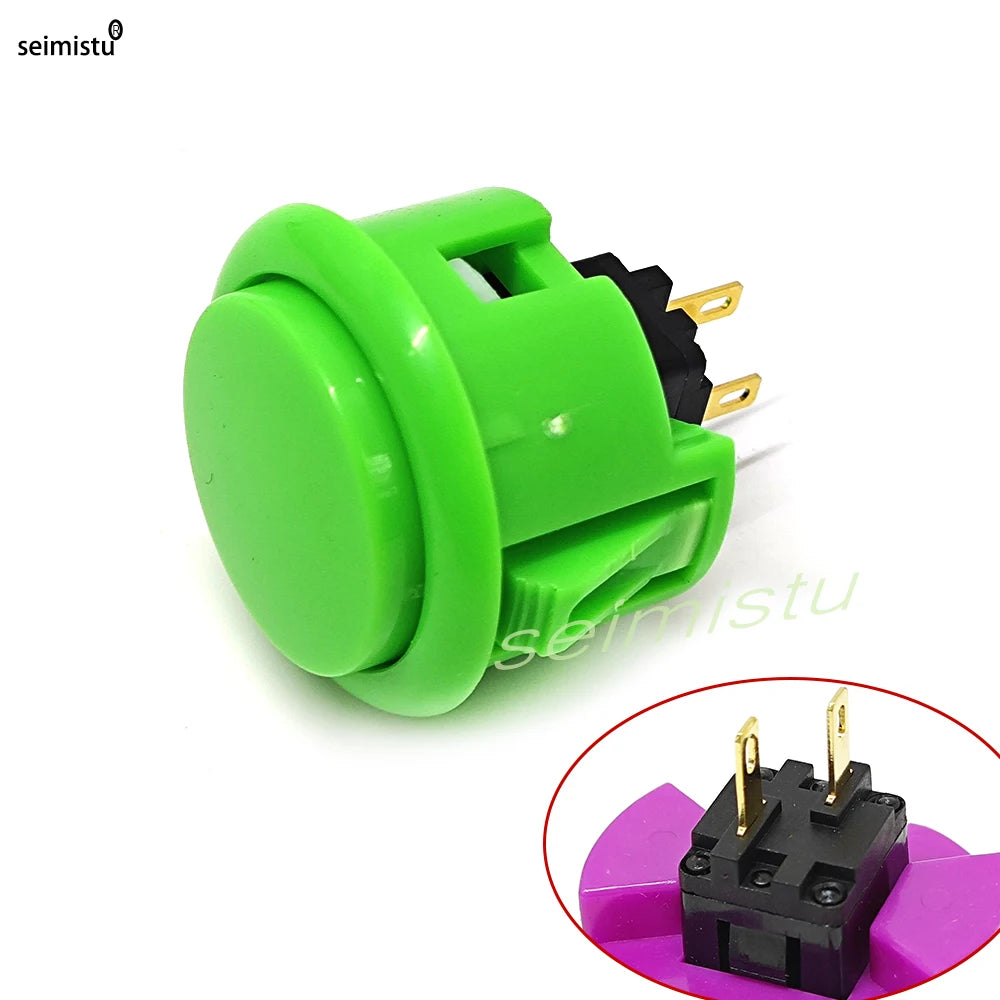 A bright green arcade push button with a black micro switch and gold-plated terminals.