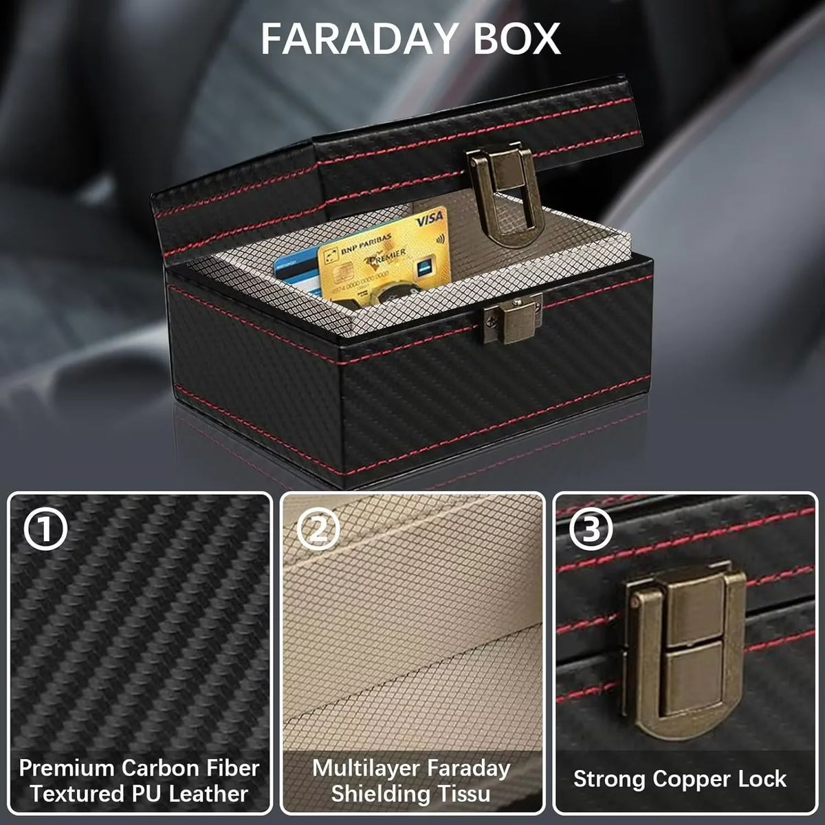 Black leather Faraday box with a copper lock and a multi-layer shielding tissue inside