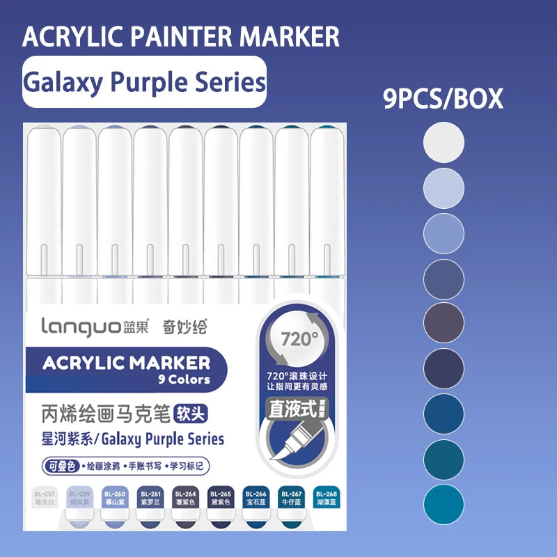 A box of Languo Acrylic Marker Galaxy Purple Series with 9 colors for drawing and art