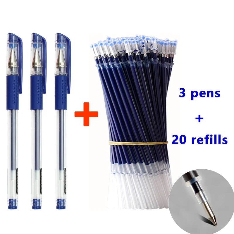 Un set de bolígrafos de gel azules y 20 recargas exhibidos junto a tres bolígrafos individuales.