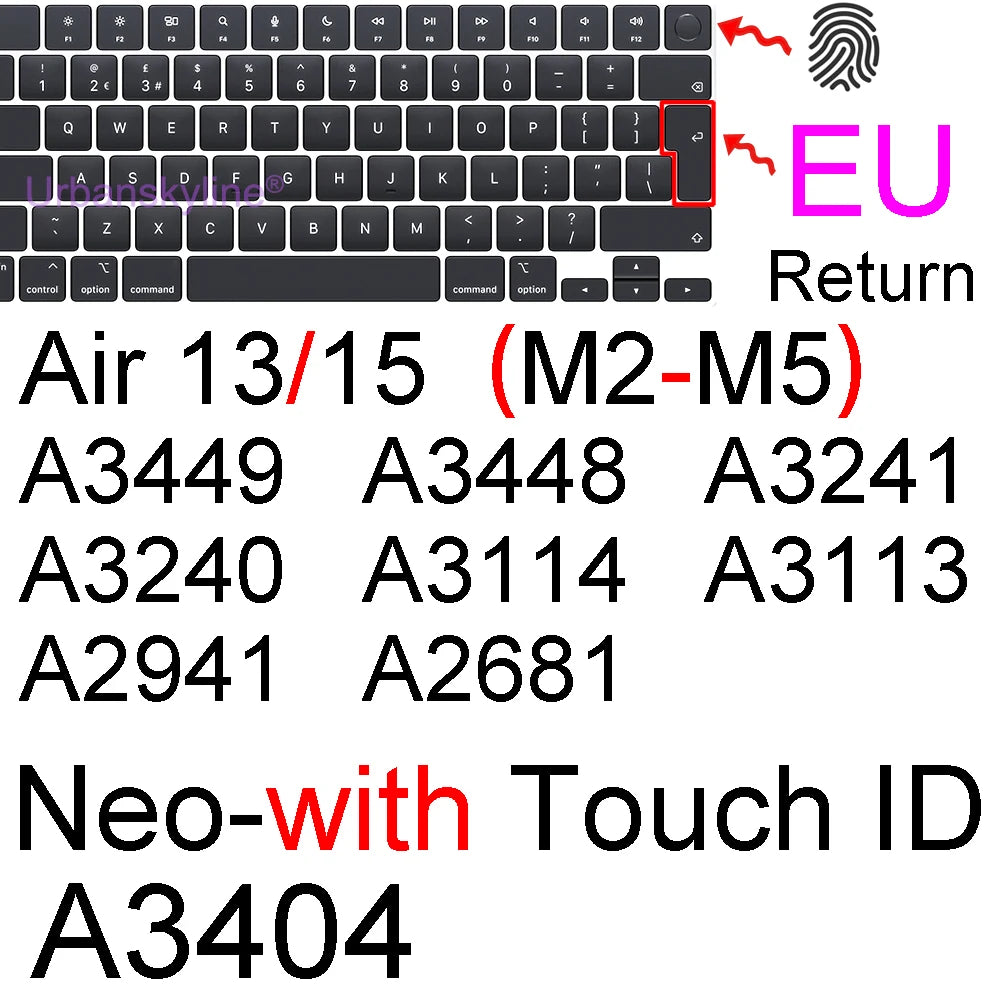 Primer plano de una cubierta de teclado de silicona negra para MacBook mostrando códigos alfanuméricos y un símbolo de devolu