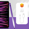 A purple magnetic stylus pen and charging cable are shown next to an iPad screen displaying colorful lines.