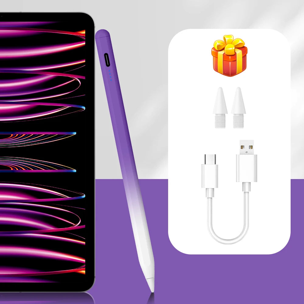 A purple magnetic stylus pen and charging cable are shown next to an iPad screen displaying colorful lines.