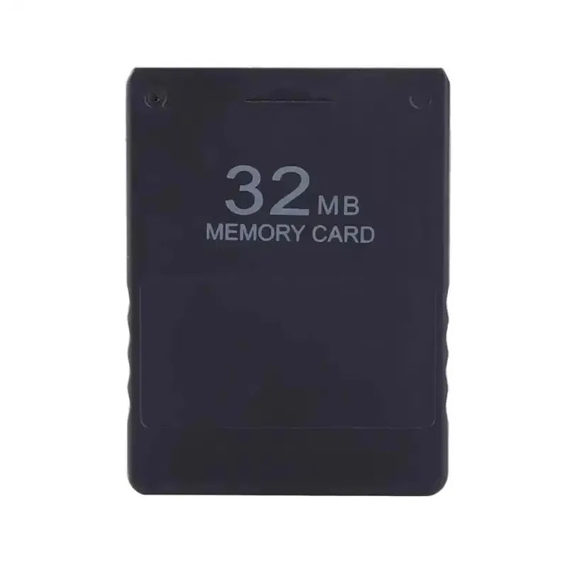 A dark blue universal PS2 memory card with 32MB capacity printed on the surface.