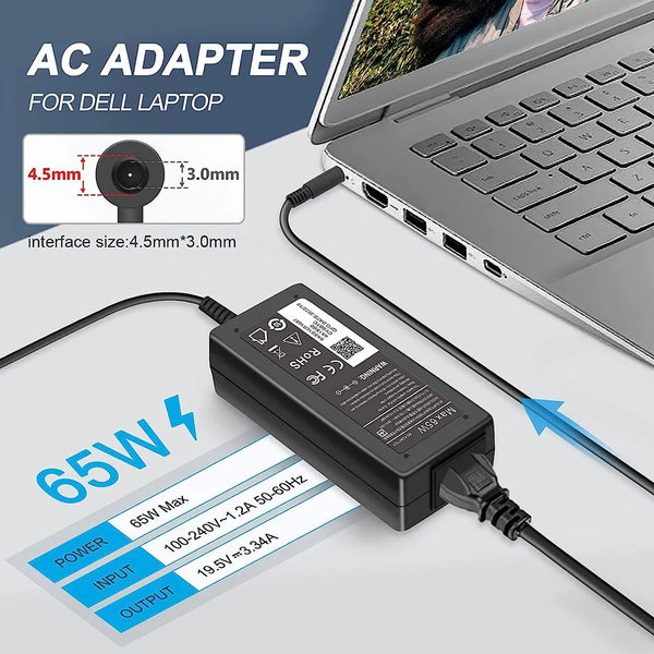 A black AC adapter for a Dell laptop, showing the power input and output specifications.