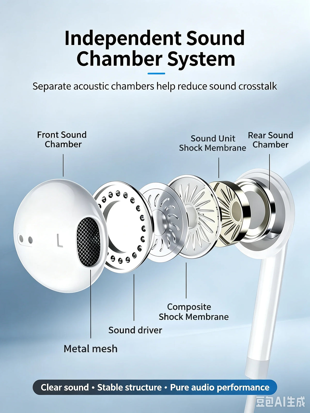 A diagram illustrating an Independent Sound Chamber System with separate acoustic chambers and a sound unit shock membrane.