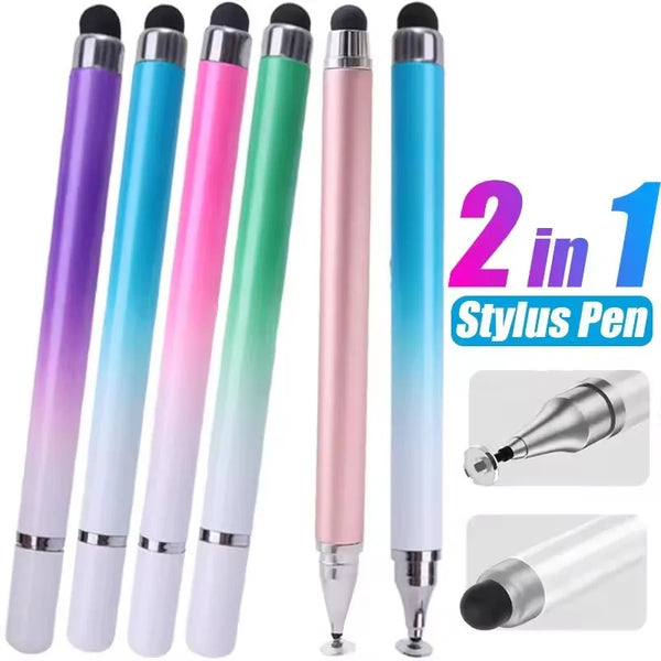 A set of five colored stylus pens shown alongside close-ups of the pen tip and body.