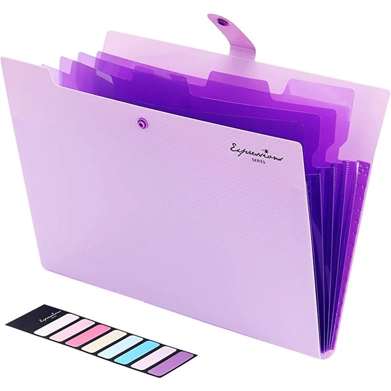 A purple expanding A4 file folder with five pockets and a color swatch strip.