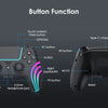 A black game controller is shown with various buttons and indicators, including a USB charging port and a headphone jack.