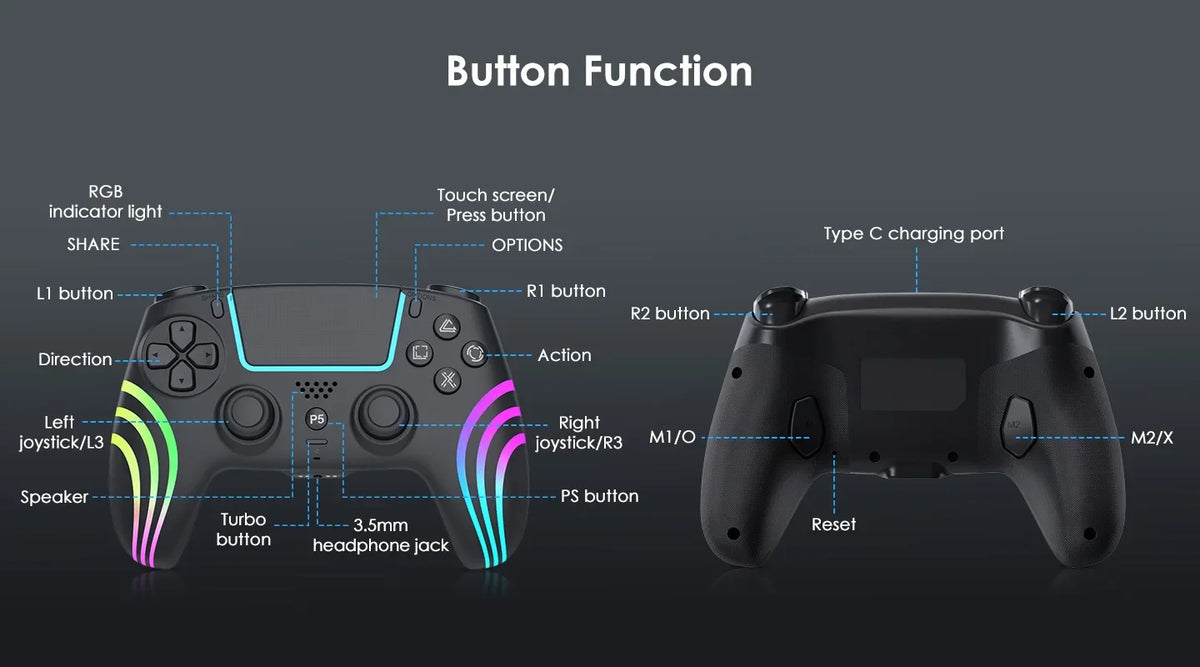 A black game controller is shown with various buttons and indicators, including a USB charging port and a headphone jack.